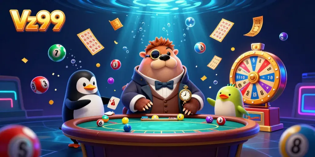 Experience exciting moments at Vz99 Casino with a vibrant underwater poker scene featuring unique characters.