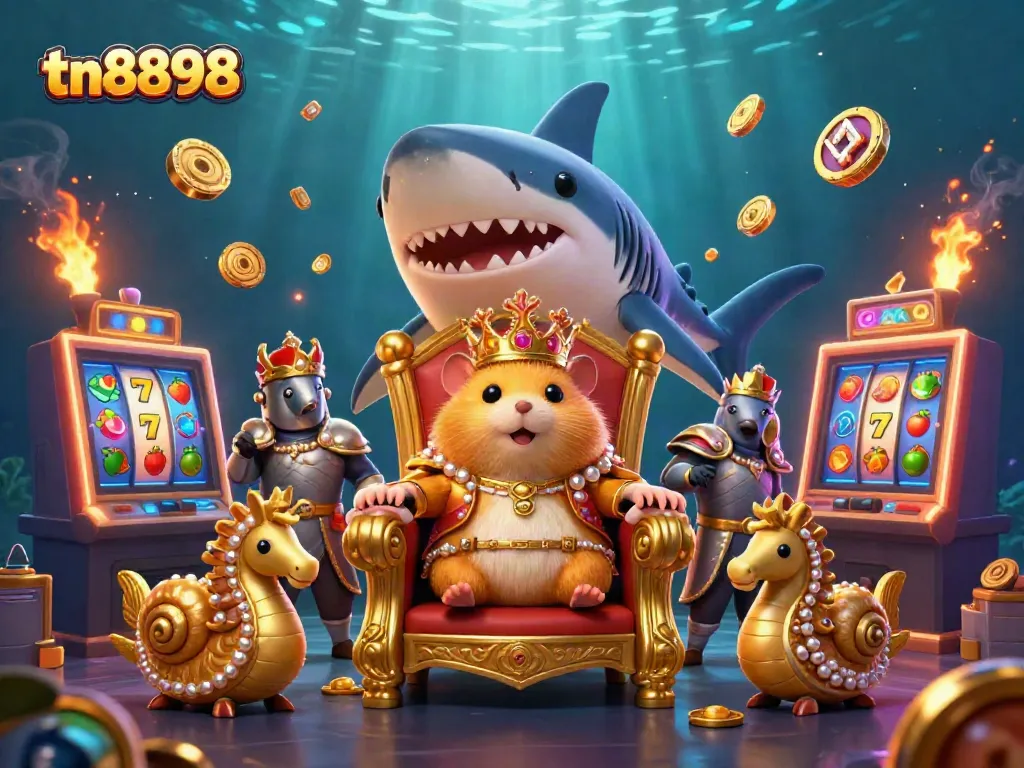 Engage with the tn8898 casino adventure featuring the hamster king on a shark tooth throne amidst vibrant slot machines.