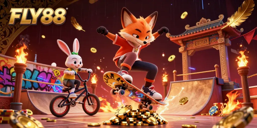 FLY88 showcases vibrant casino-themed digital art with a skateboarder fox and BMX rabbit.