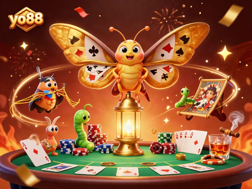 Experience exciting gameplay with yo88's vibrant casino scene featuring golden moths and poker elements.