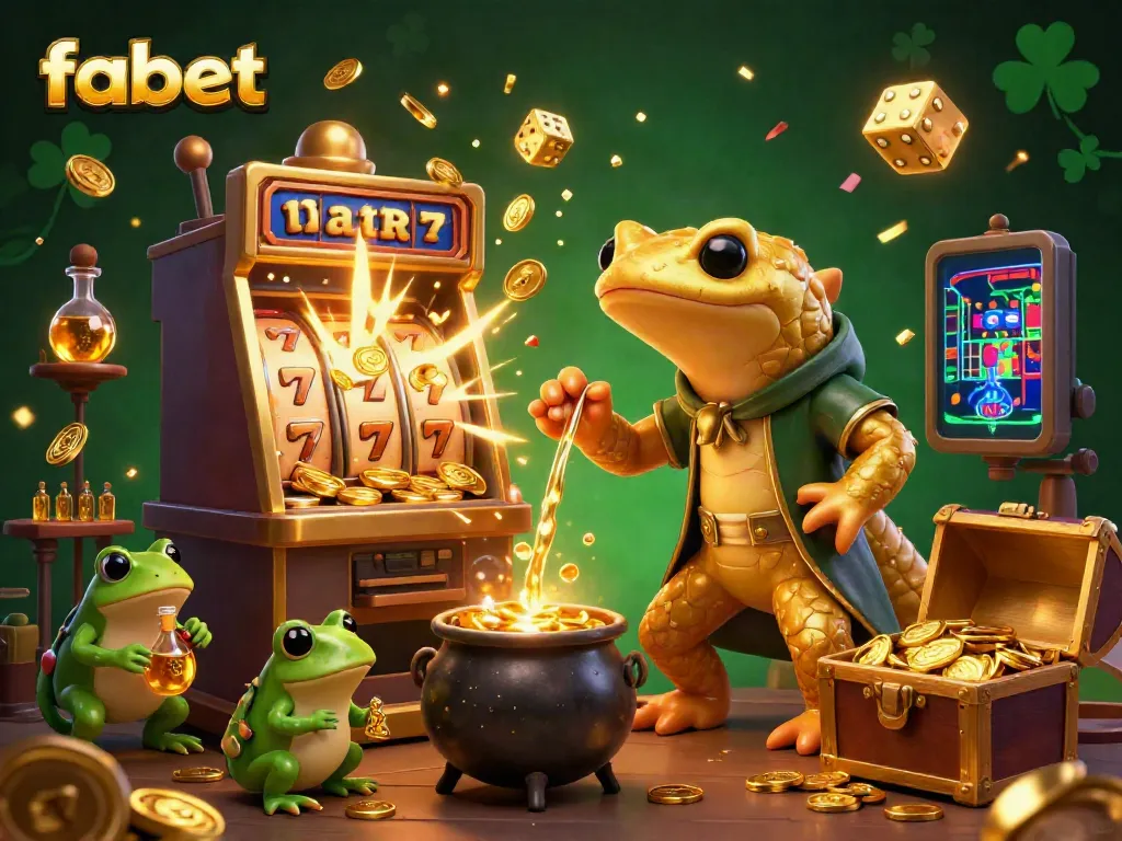 Experience fabet's vibrant gaming world with a golden alchemist creating wealth in a dynamic casino scene.