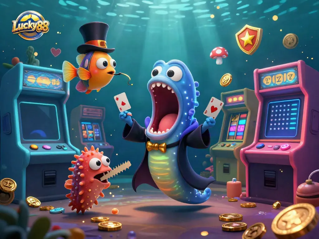 Engage in the magic of Lucky88 with unique creatures performing gambling tricks amidst vibrant slot and arcade games.