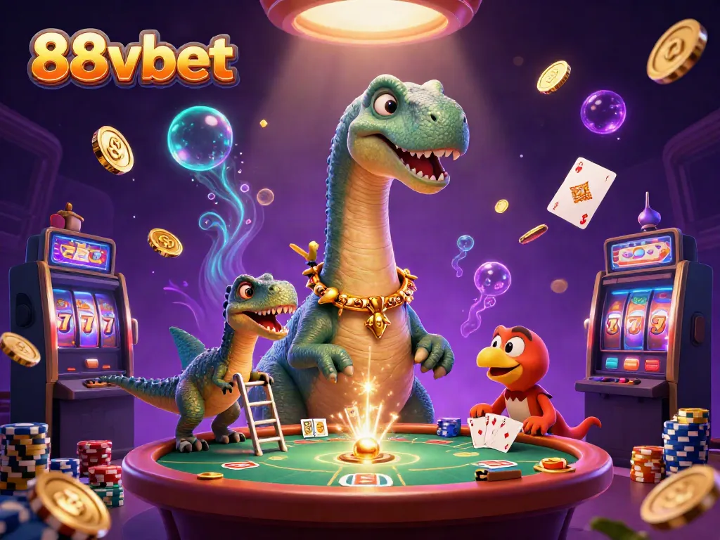 88vbet showcases a lively casino scene with a giant brontosaurus and clever raptor dealer among dynamic game elements.