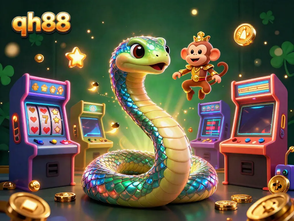 Engage with QH88's vibrant 3D casino scene featuring a mystical rainbow serpent and game machines.