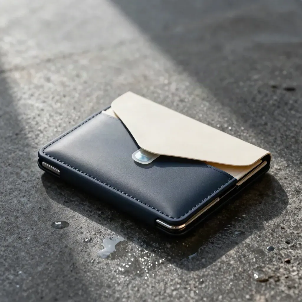 Zestaw Dex Coin z hardware wallet, kopertą backup i dwiema przezroczystymi zawieszkami na mokrym kamieniu.