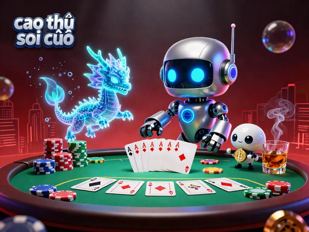 Cao thủ soi cầu in a vibrant poker scene with a cyberpunk robot mascot, showcasing colorful chips and cards.