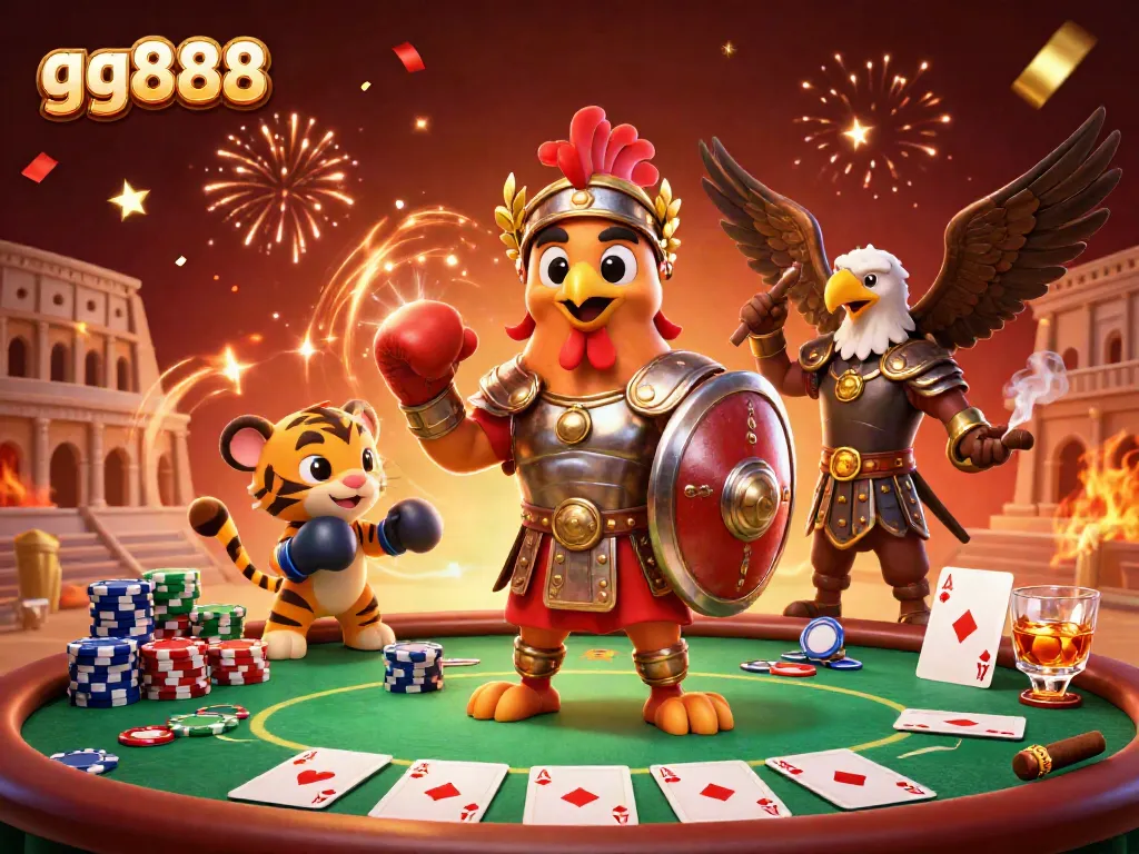 Engage in thrilling poker action with gg888 as a gladiator rooster leads the arena