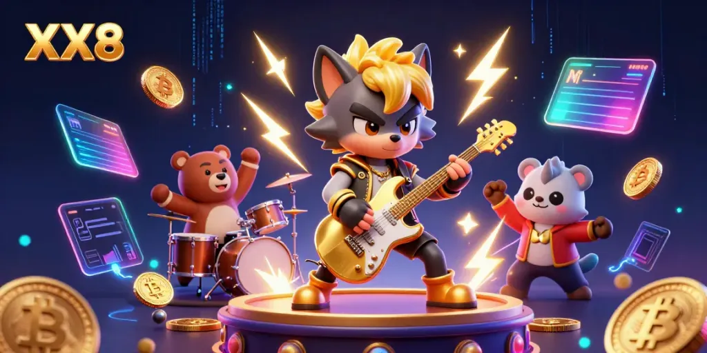 Engage with XX8's dynamic casino scene featuring a rock star wolf and drummer bear amidst neon lights and crypto elements.