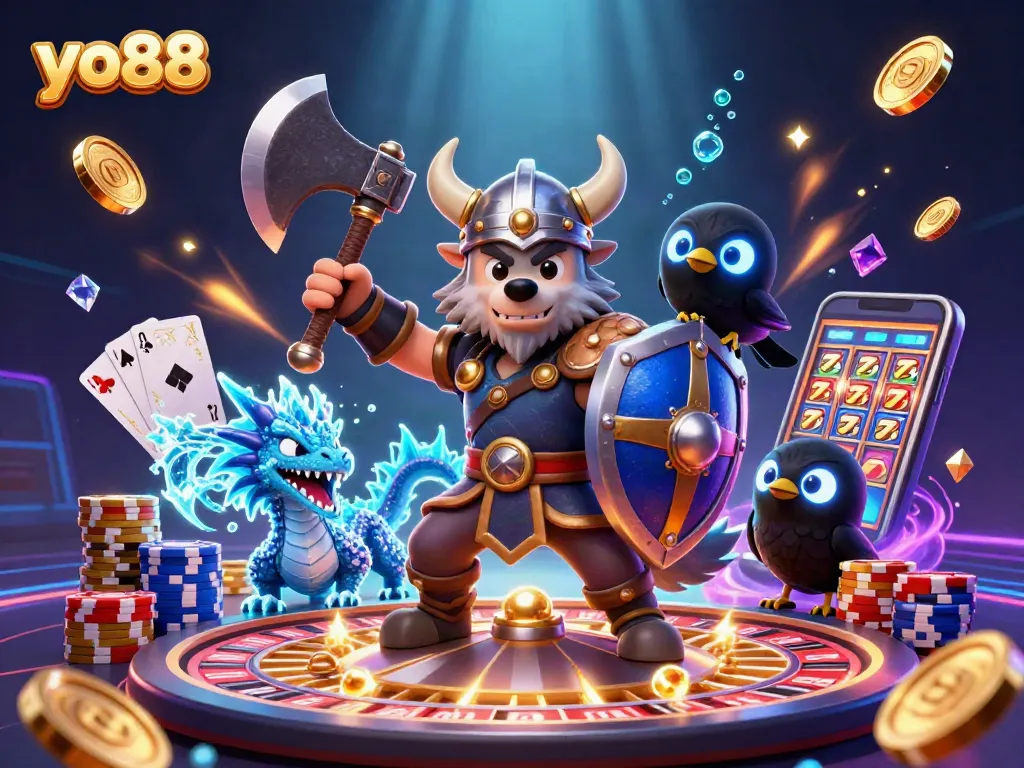 Engage with thrilling casino experiences at yo88 featuring a heroic Viking wolf, fierce dragon, and vibrant game elements.
