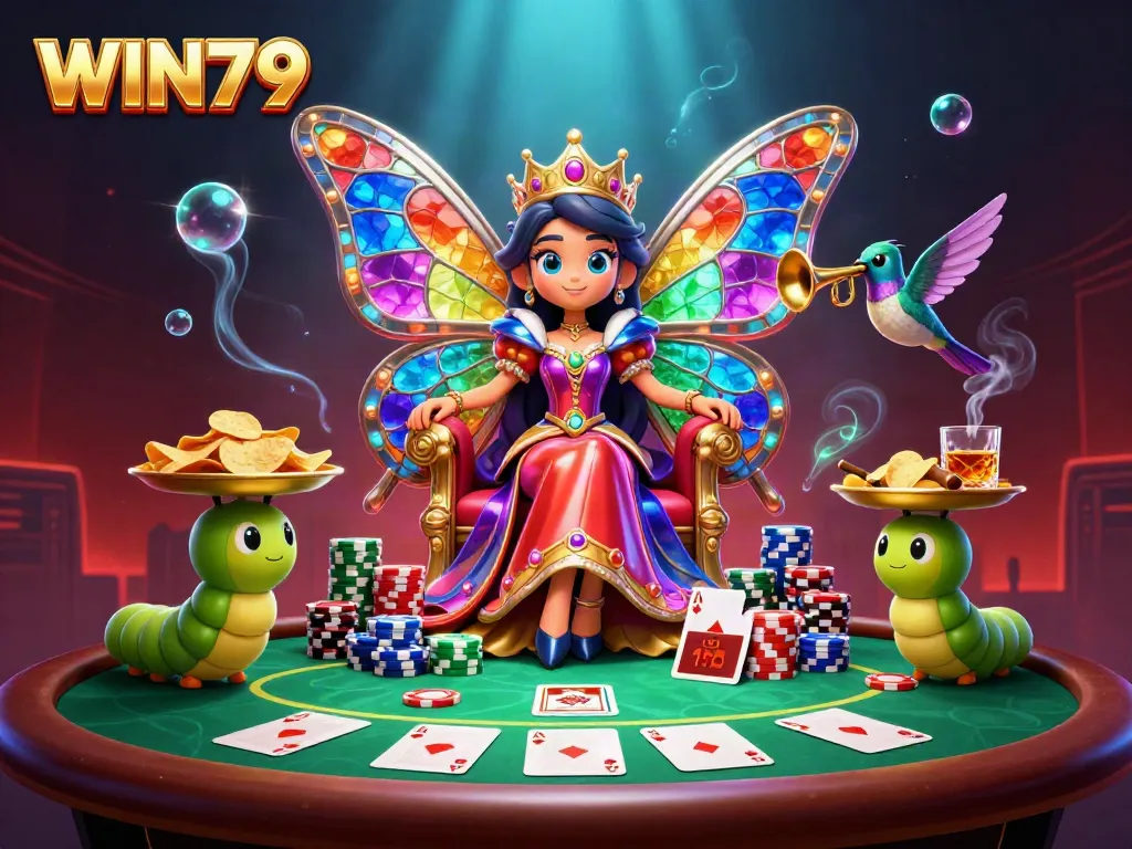 WIN79 casino scene showcasing a butterfly queen among poker tables and vibrant game elements