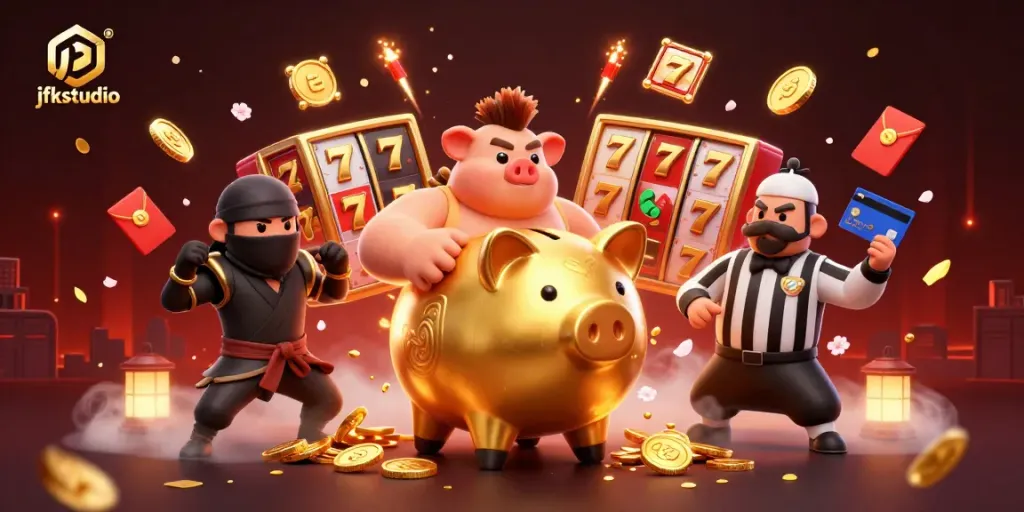 Engage with the dynamic jfkstudio casino scene featuring a golden piggy bank sumo wrestler, wallet-ninja, and slot reels spinning.
