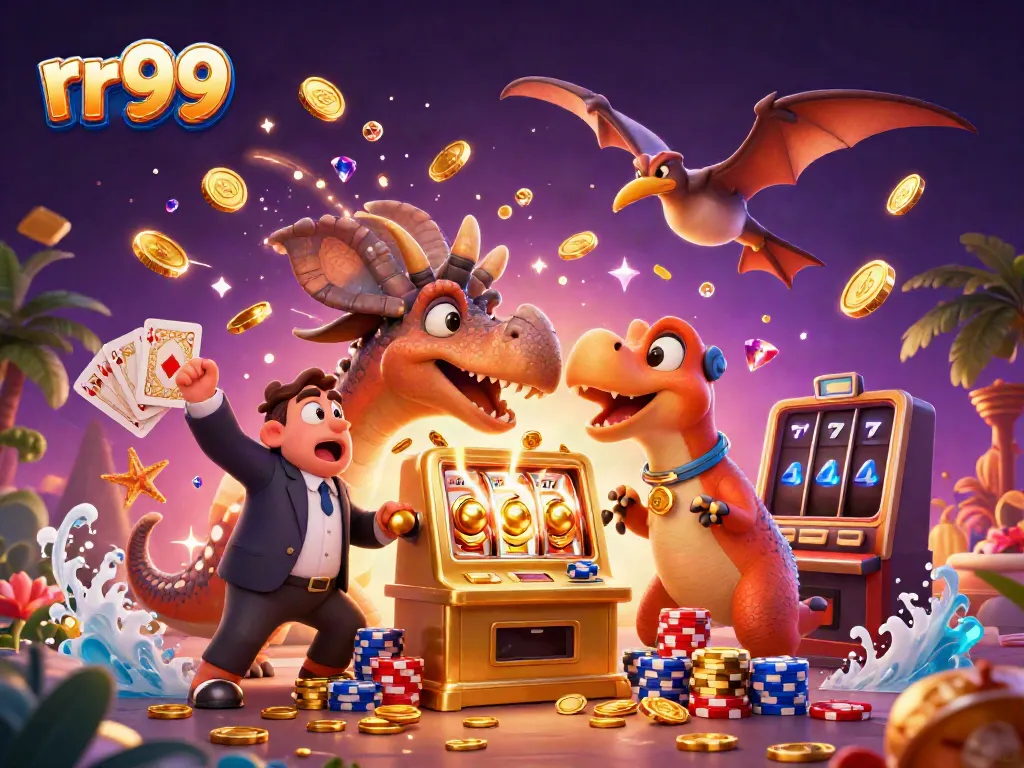 rr99 logo highlighted in a vibrant casino scene featuring a dinosaur and slot machine.