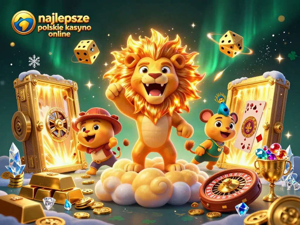 Experience the excitement at the najlepsze polskie kasyno online with this vibrant illustration featuring a sun lion, golden dice, and casino elements.