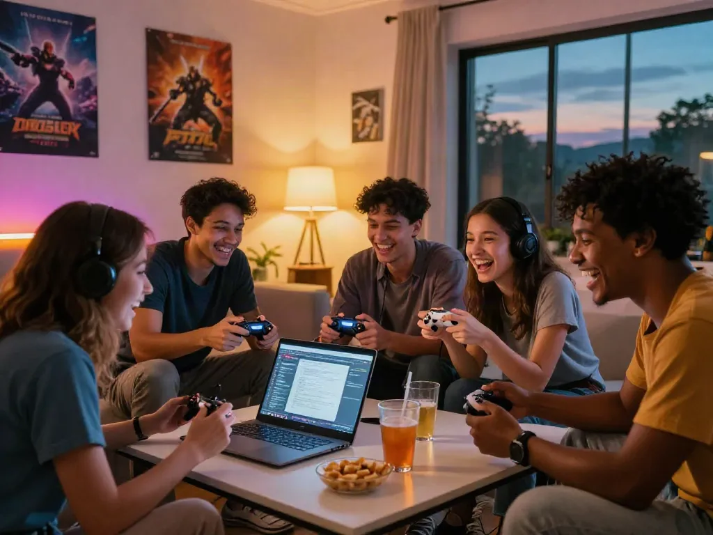 Friends enjoying a gaming session together focused on kilat404