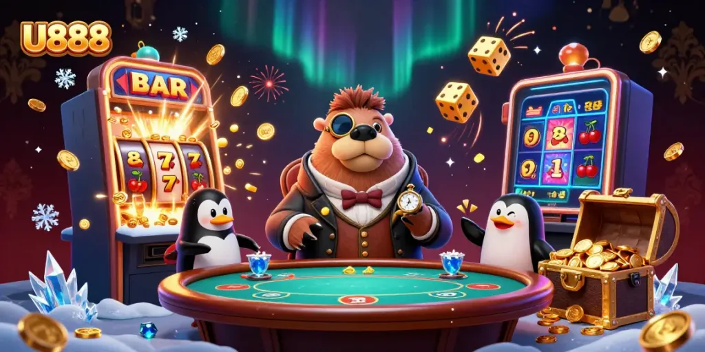 Experience the excitement at U888's underwater casino with charming characters and dynamic game elements.