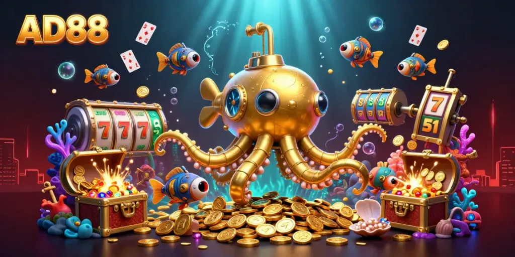 Experience thrilling gameplay at AD88 with a golden kraken submarine and treasure-filled casino themed underwater adventure.