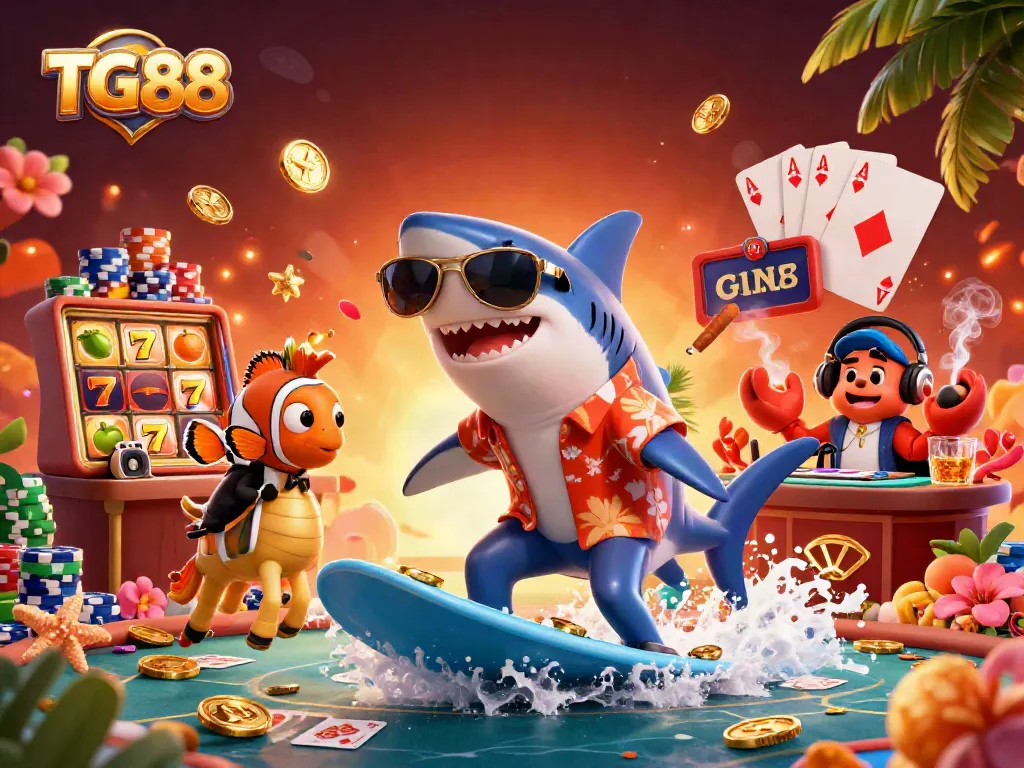 Experience thrill and fun at TG88 with a vibrant 3D casino scene showcasing lively gaming elements.