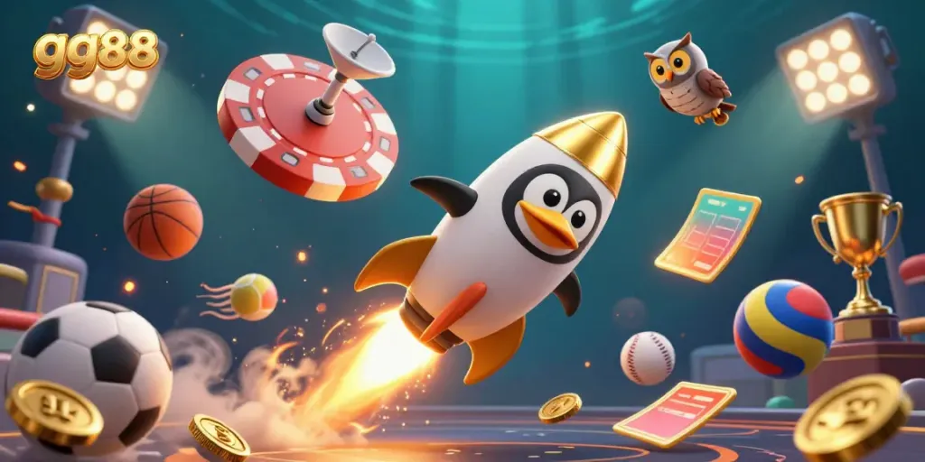 Experience thrill with gg88's vibrant casino scene showcasing dynamic sports elements and a golden penguin.