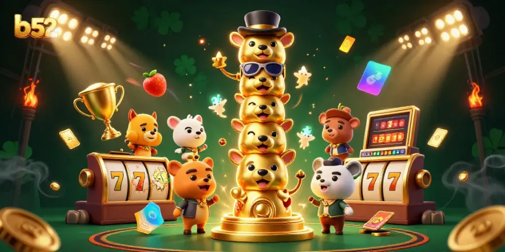 Experience excitement at b52 with a vibrant 3D scene filled with casino elements like slots and jackpots.