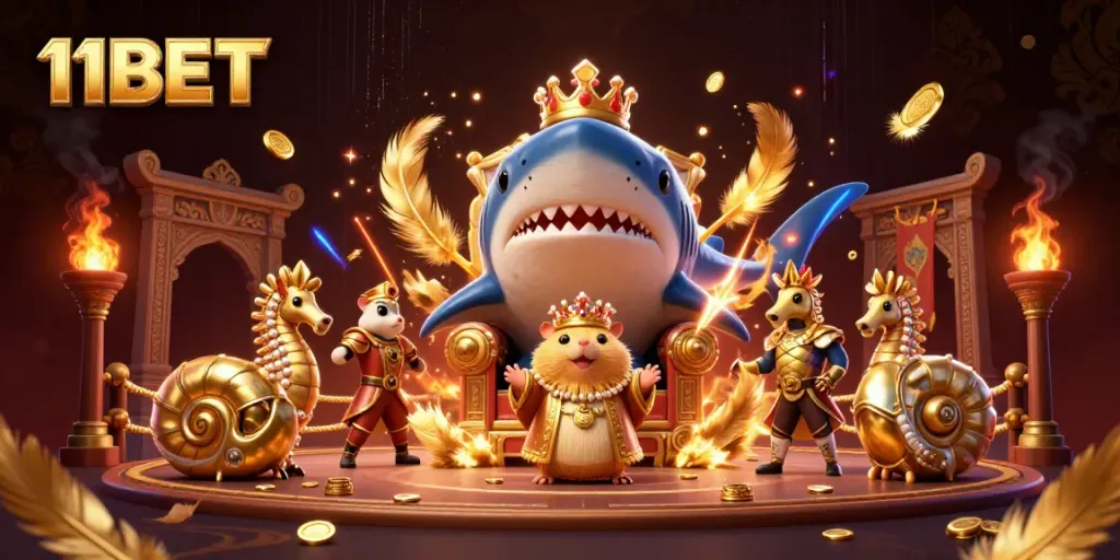 Engage with thrilling adventures at 11BET, featuring a hamster king in a grand casino scene.