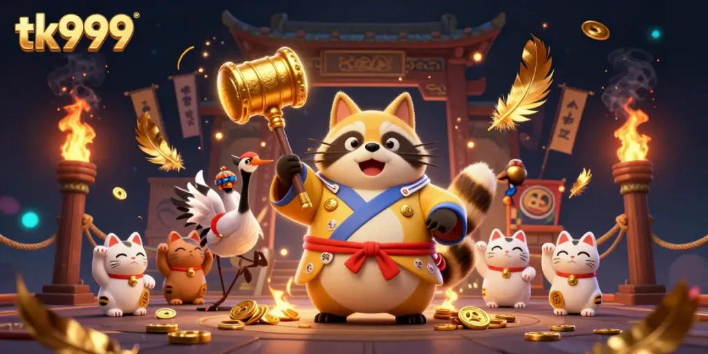 Engage with the vibrant world of tk999, featuring a cheerful tanuki and its crane companion amidst a dynamic casino scene.