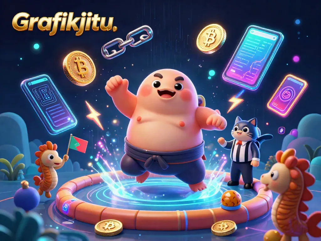 Engage with Grafikjitu in an underwater casino with vibrant 3D cartoon characters and crypto elements.