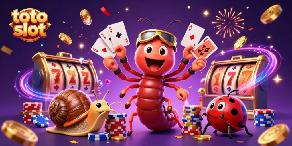 Mainkan toto slot dengan dealer kartu unik, simbol keberuntungan, dan suasana kasino yang meriah.