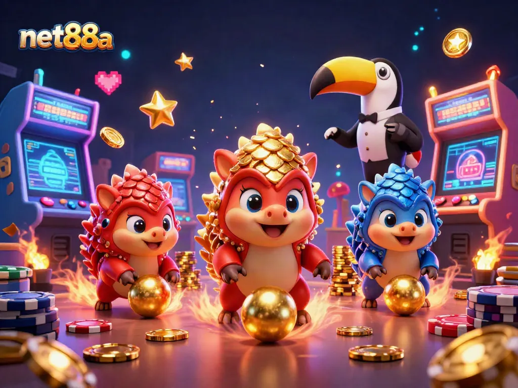 Experience the thrill of net88a with pangolins bowling through poker chips in a colorful gaming scene.