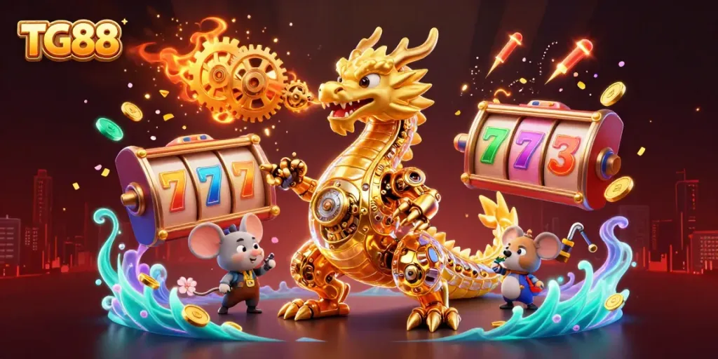Win at TG88 with a vibrant, dynamic casino scene featuring a golden dragon and spinning slot reels.