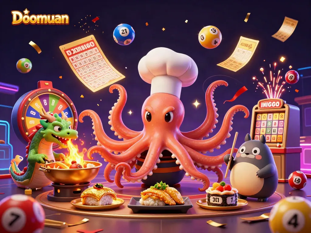 Experience exciting wins at Doomuan with a dynamic 3D scene filled with vibrant gaming elements and animated characters.