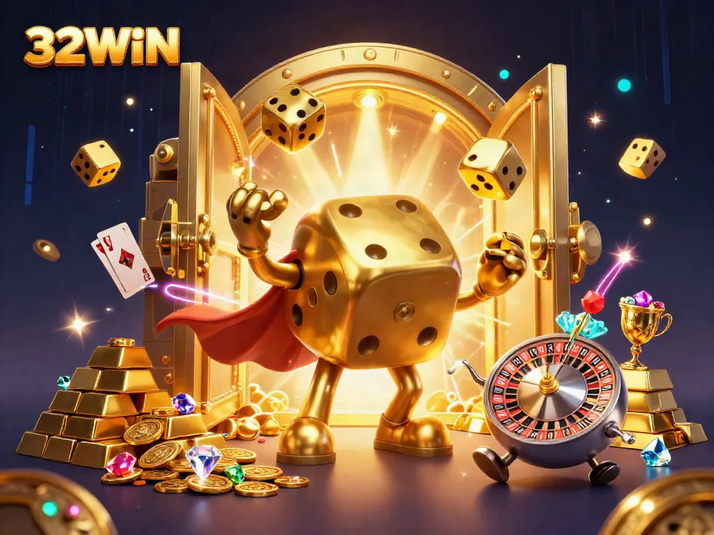 Experience the excitement of 32WIN with this vibrant casino illustration featuring golden dice golem and treasures.