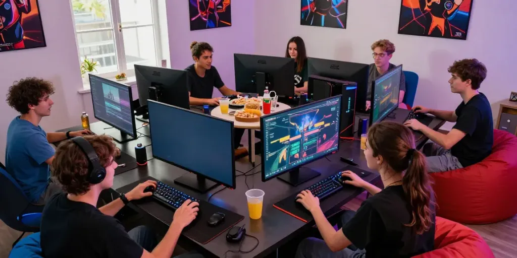 Friends enjoying Fox88 online gaming session with snacks and colorful lighting.