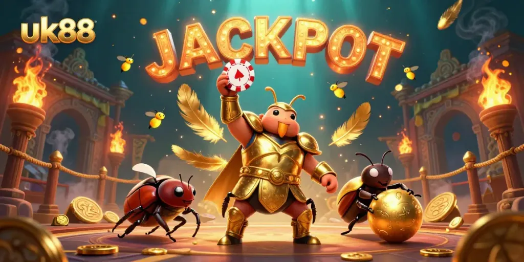 Experience thrilling victories at uk88 with a heroic beetle celebrating a jackpot in a vibrant gambling showdown.