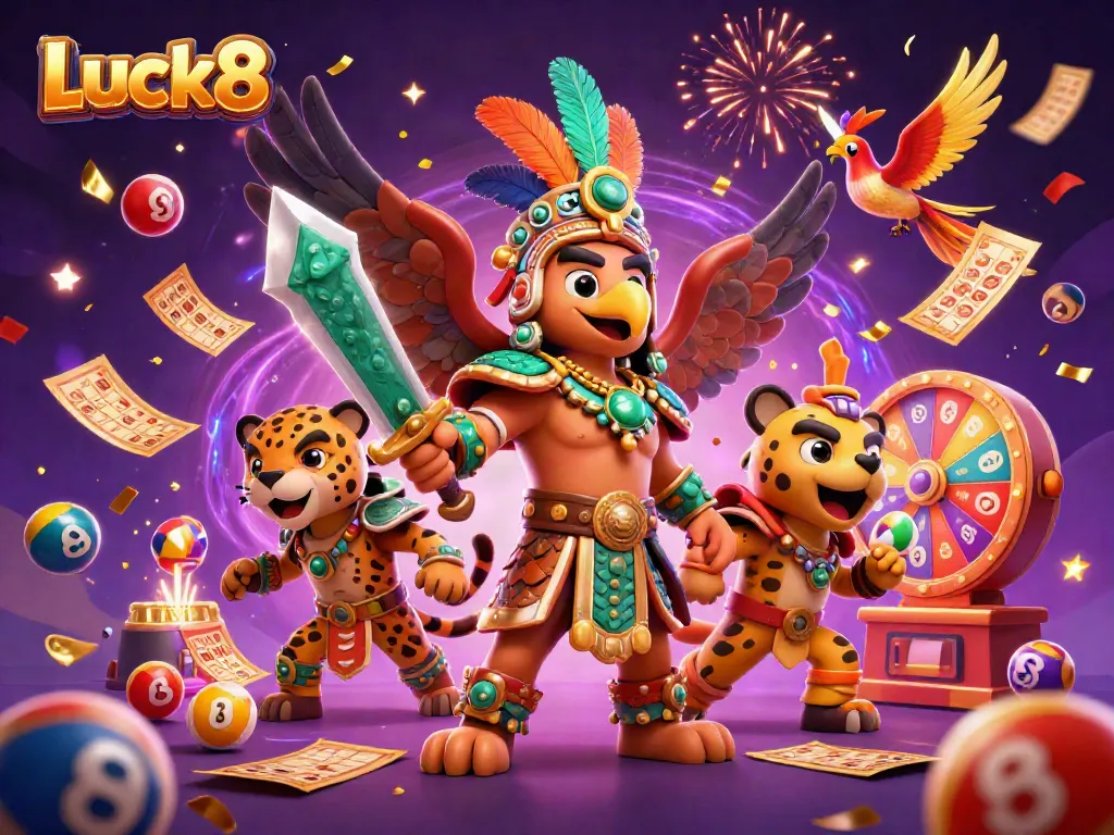 Experience thrilling action at Luck8 with dynamic casino elements in a vibrant illustration of an Aztec warrior scene.
