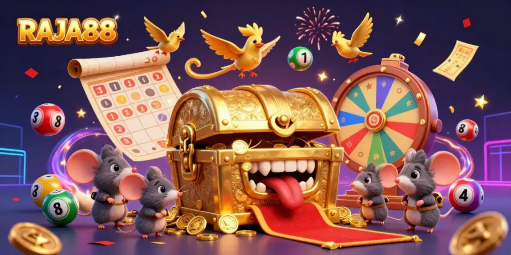 Engage with the excitement of RAJA88 inclusive lottery and bingo, featuring colorful elements and festive vibes.