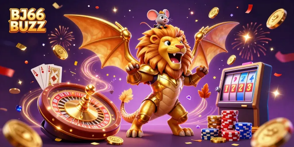 Experience the excitement of BJ66 BUZZ with a triumphant chimera, coins flying, and a rich casino atmosphere.