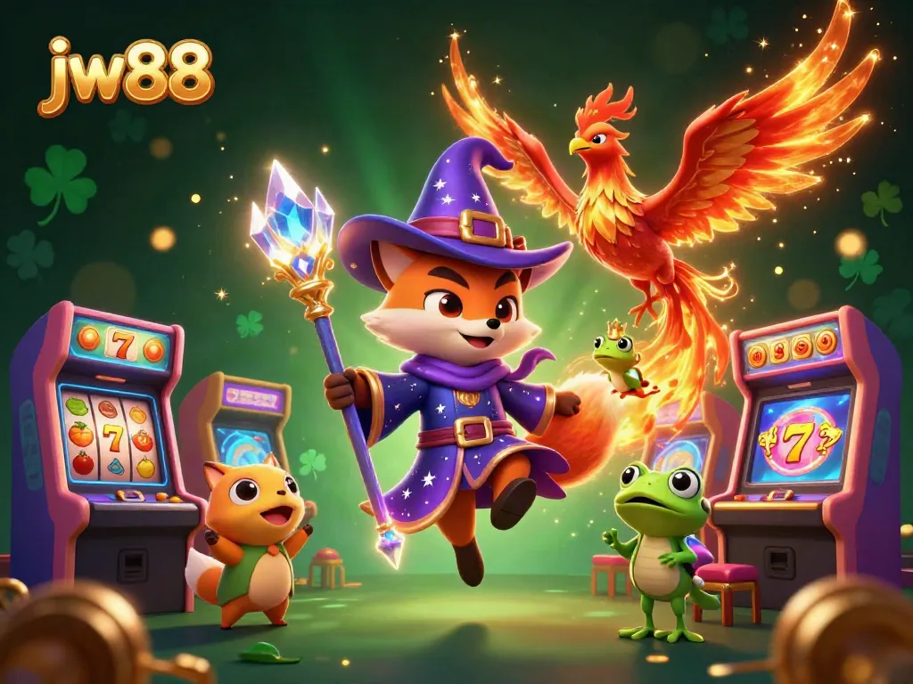 Engage with jw88 today at this vibrant casino illustration showcasing a wizard and phoenix among exciting gaming elements.