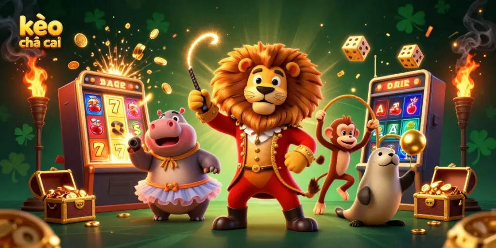 Experience Premier kèo nhà cái gaming with a lively circus scene filled with captivating characters and vibrant casino elements.