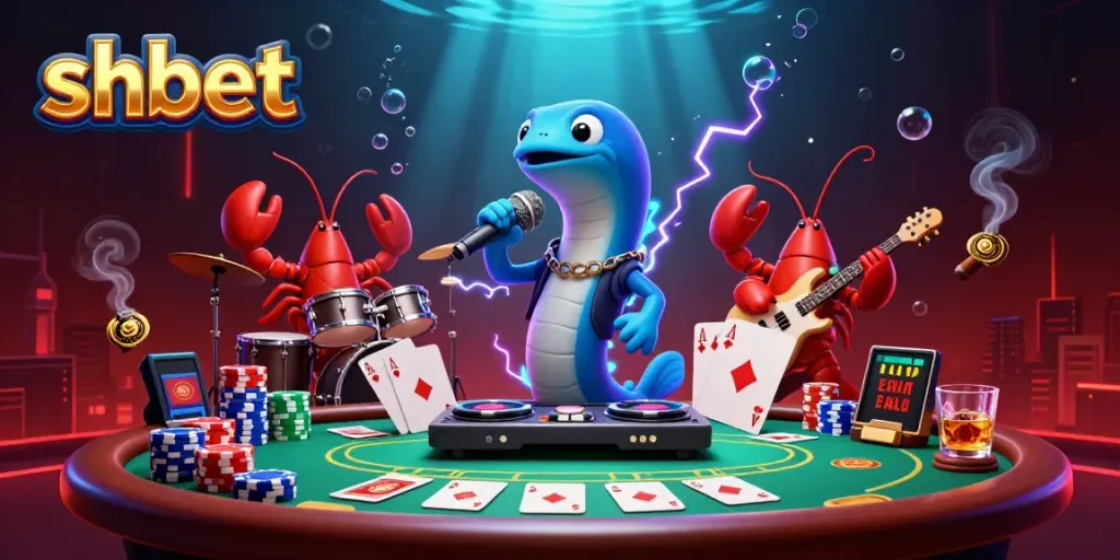 Experience the thrill of shbet with an energetic underwater casino scene featuring an electric eel DJ.