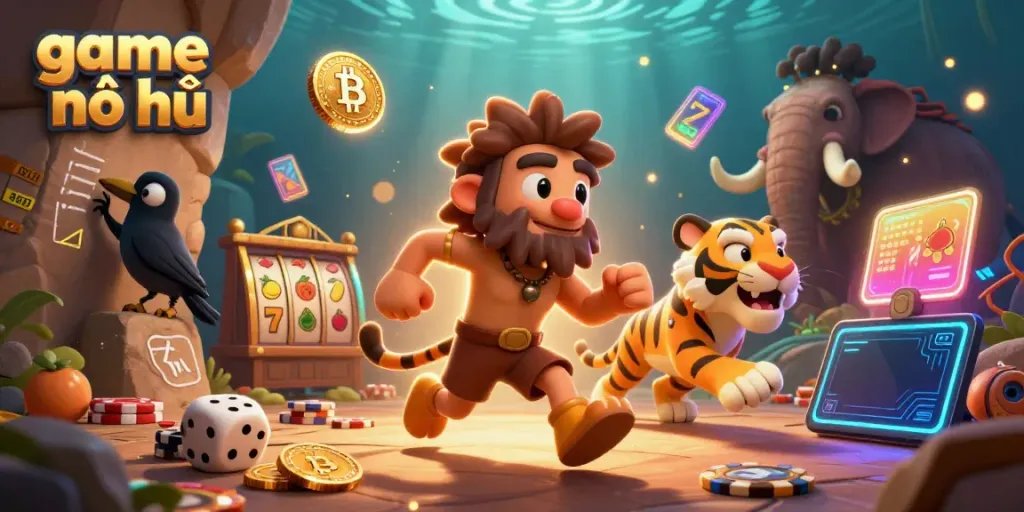 Experience the thrilling world of game nổ hũ in this vibrant, dynamic casino scene with cavemen and crypto elements.