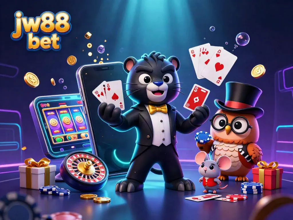 Join the fun with jw88 bet in a vibrant casino scene featuring a black panther dealer and lucky characters.