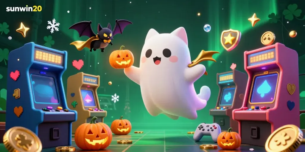 Immerse in the sunwin20 themed casino scene with a ghost cat, vampire bat, and glowing game elements.