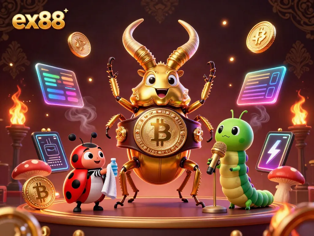 Ex88 fighting scene illustration featuring a giant stag beetle champion, ladybug corner-man, and caterpillar announcer.