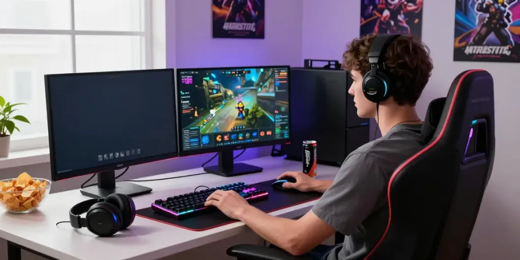 Kilat 404 gaming enthusiast at a vibrant home setup enjoying online games.