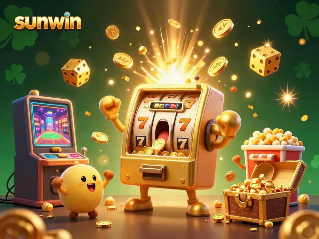 Spin to win with the vibrant sunwin slot machine showcasing a jackpot, surrounded by cheering helpers.
