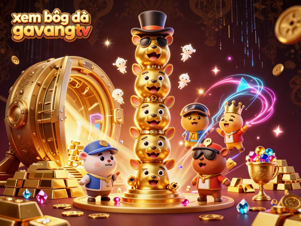 Experience the excitement of xem bóng đá gavangtv with vibrant 3D illustration showcasing golden treasures and dynamic characters in a casino-themed setting.