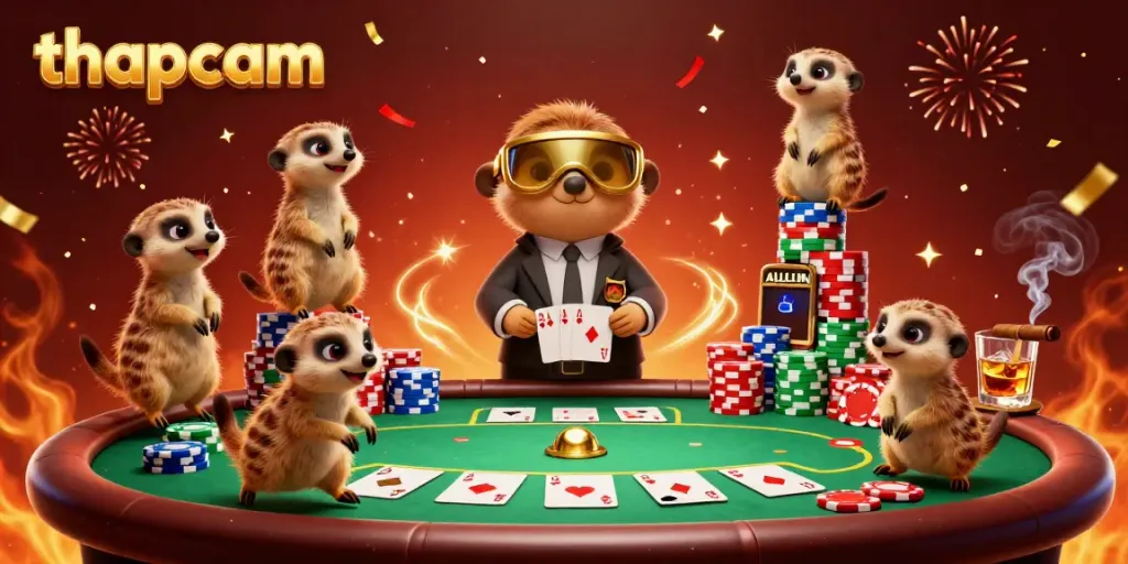 Engaging thapcam 3D casino scene with meerkats operating a lively poker game amidst vibrant colors and celebratory effects.