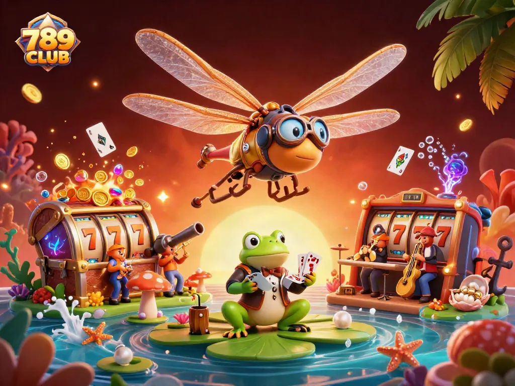 Engage with the vibrant 789CLUB casino scene featuring a dragonfly pilot, frog croupier, and lively musicians.