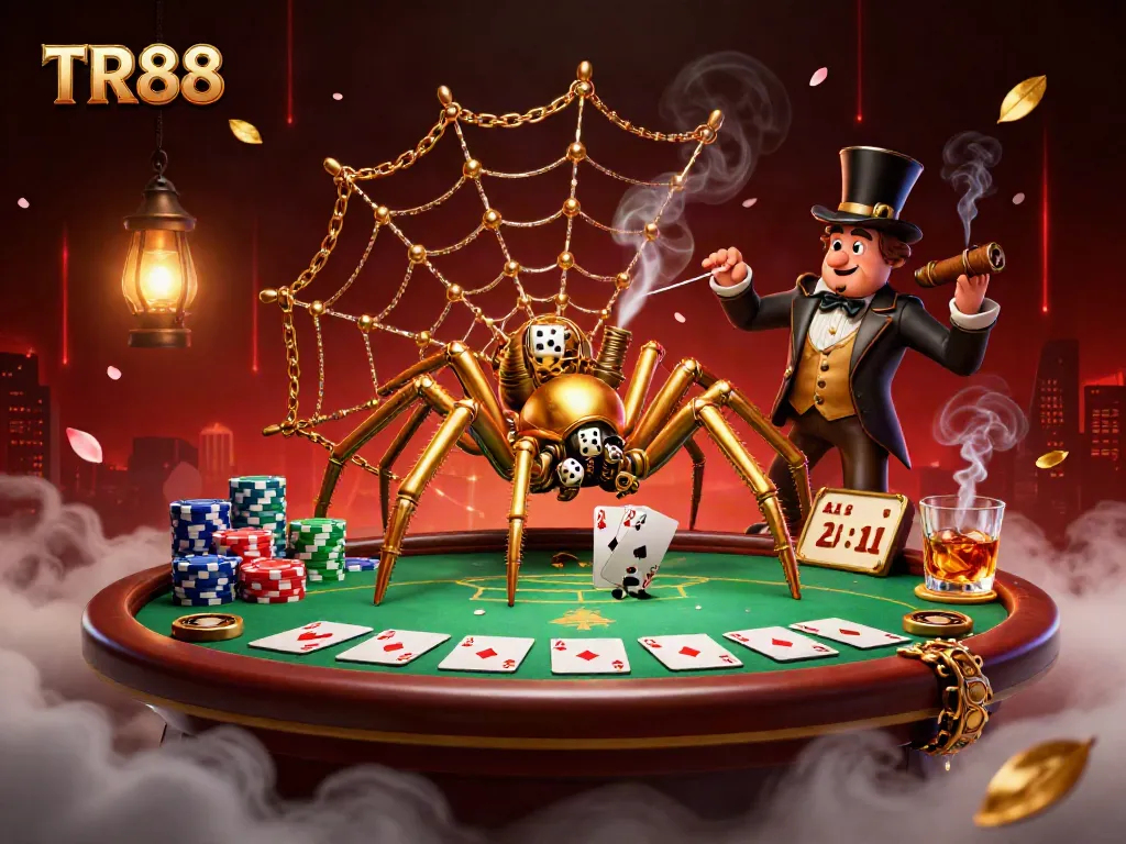 Engage with TR88's vibrant casino atmosphere featuring a golden spider and poker elements.