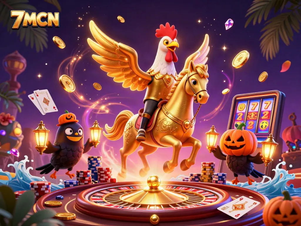 Experience thrilling odds with 7MCN as a golden rooster rides through a dynamic casino scene with vibrant elements.